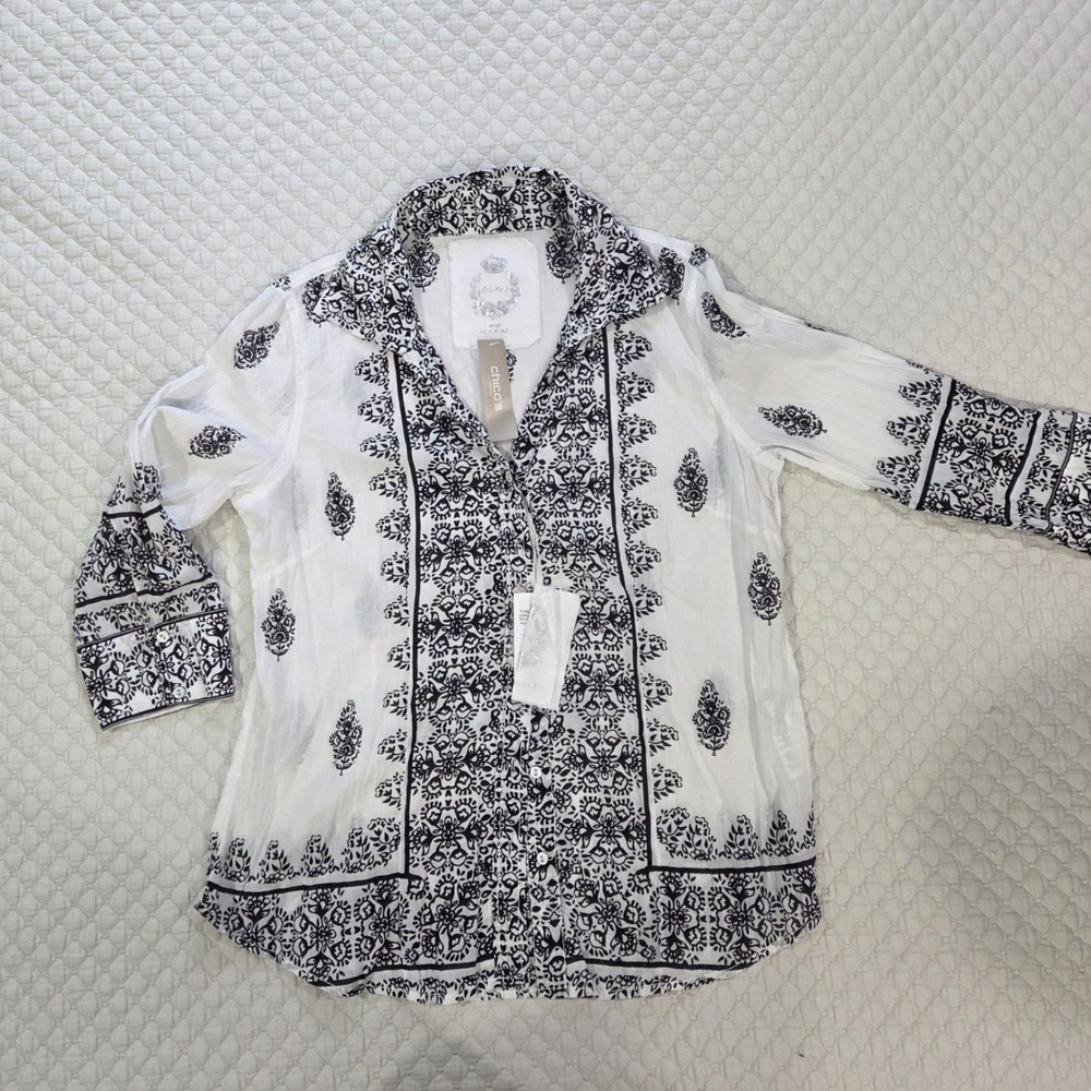 Chico's Cino Crinkle Shirt Medallion Border Print 3/4 Sleeve Cotton Top Size 1 L
